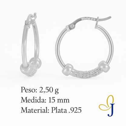 Arete Arracada Liso con Malla De Plata 925 Con Malla De 15 Mm