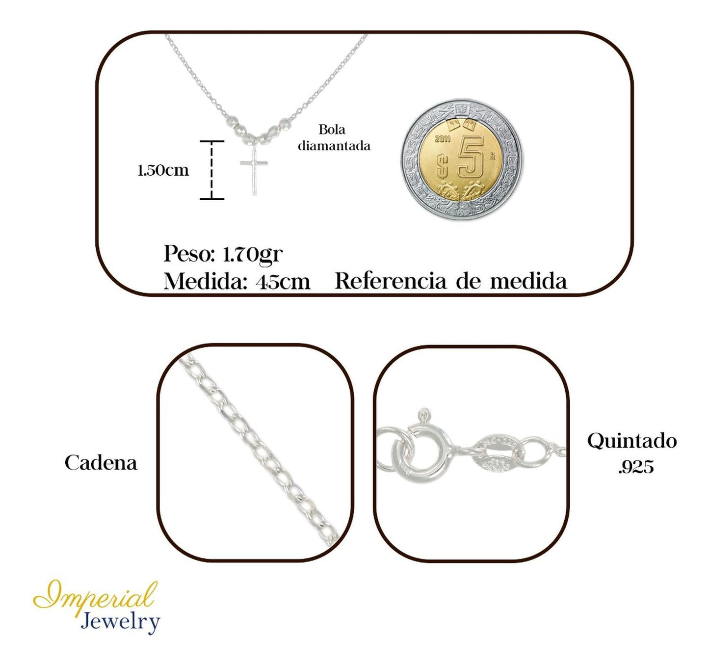 Collar De Cruz De Plata 925 Con Bola Diamantada De 45 Cm