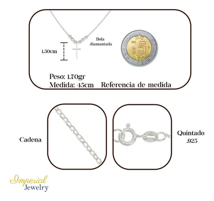 Collar De Cruz De Plata 925 Con Bola Diamantada De 45 Cm