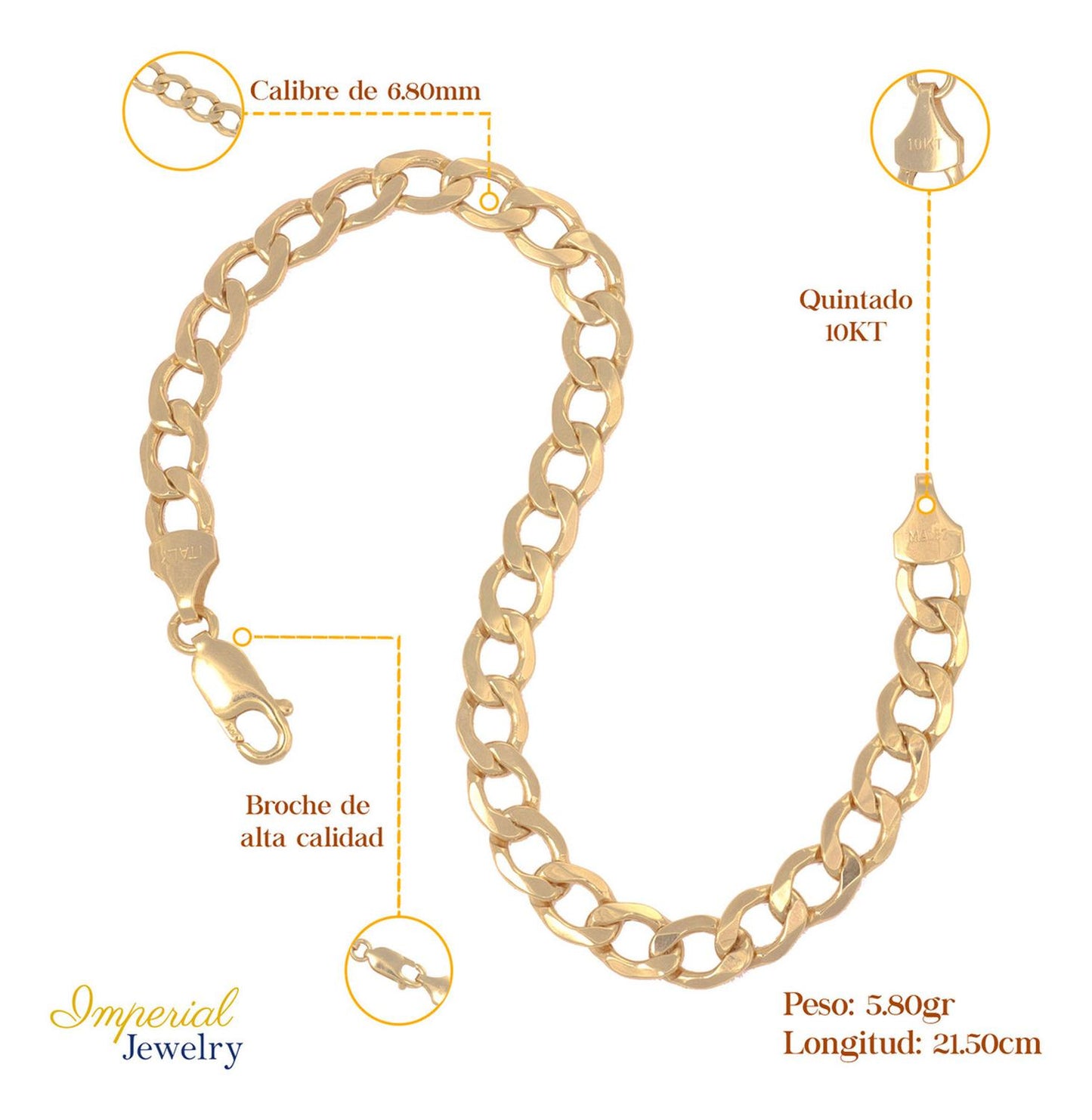 Pulsera Italiana Cubana Hueca De 10 Quilates 6.8mm, 21.5 Cm