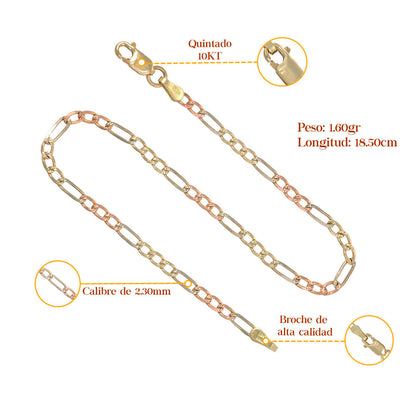 Pulsera Italiana 3x1 Tricolor De 10 Quilates 2.3mm, 18.5cm
