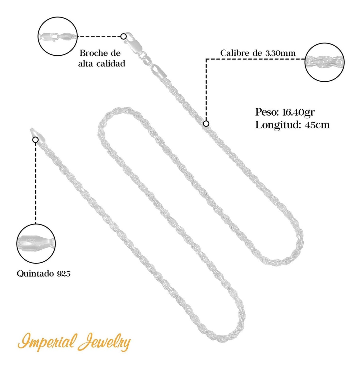Cadena De Plata 925 Estilo Torsal De 45 Cm Calibre 3.3 Mm