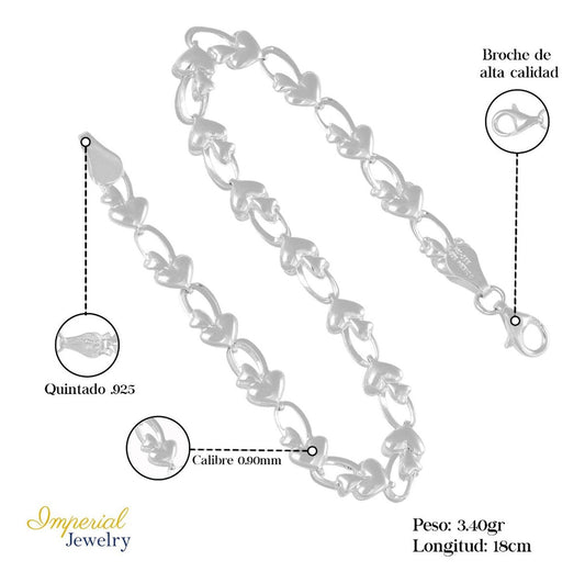 Pulsera Plata 925 Armado A Mano De Corazon De 18cm De .9mm