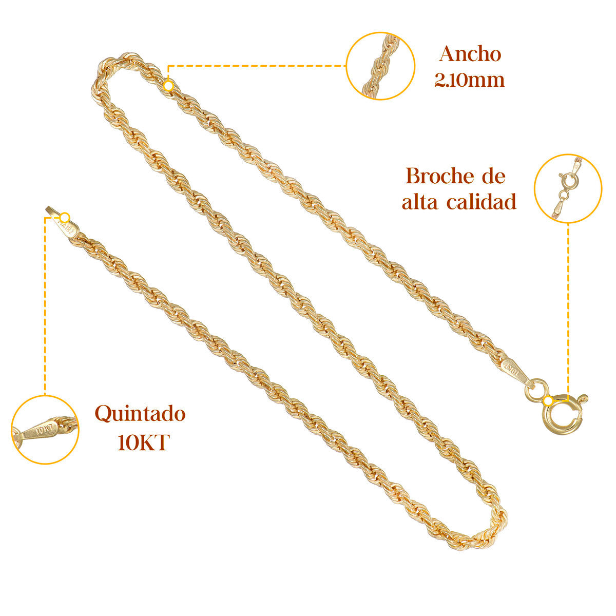 Cadena Italiana Torsal De 10k, 60cm De Largo, Calibre 2.1 Mm