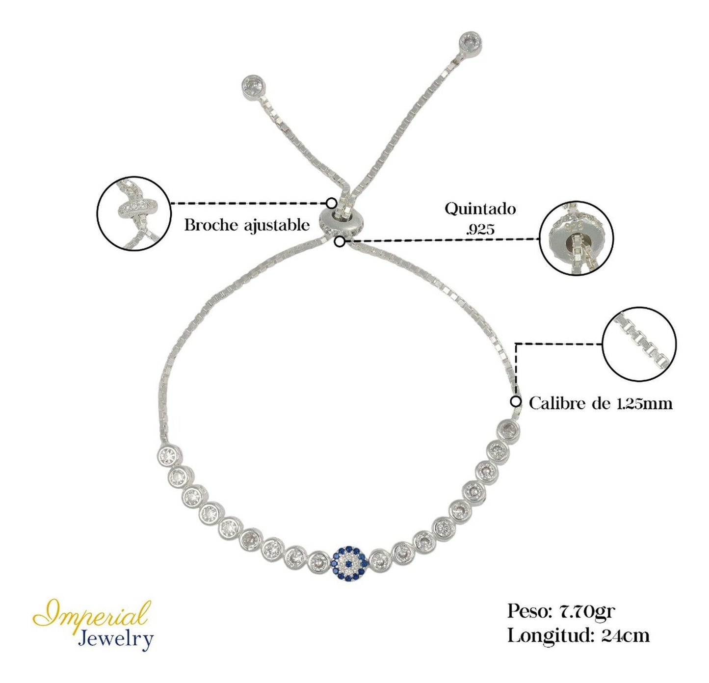 Pulsera De Plata 925 De Ojo Turco Con Zirconia Blanca Y Azul