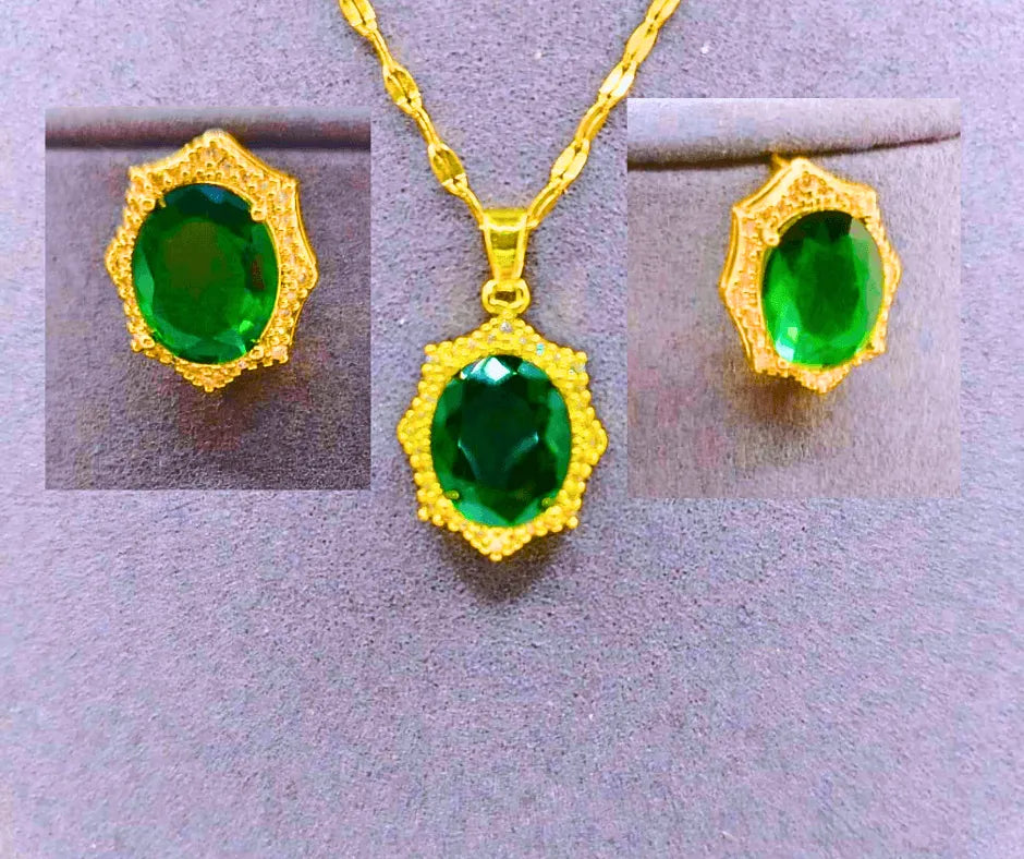 Collar y Aretes Acero Titanio "Corona De Rey" Circonita Faceteada Verde Chapa Oro 14k Calenbi