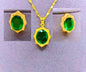 Collar y Aretes Acero Titanio "Corona De Rey" Circonita Faceteada Verde Chapa Oro 14k Calenbi
