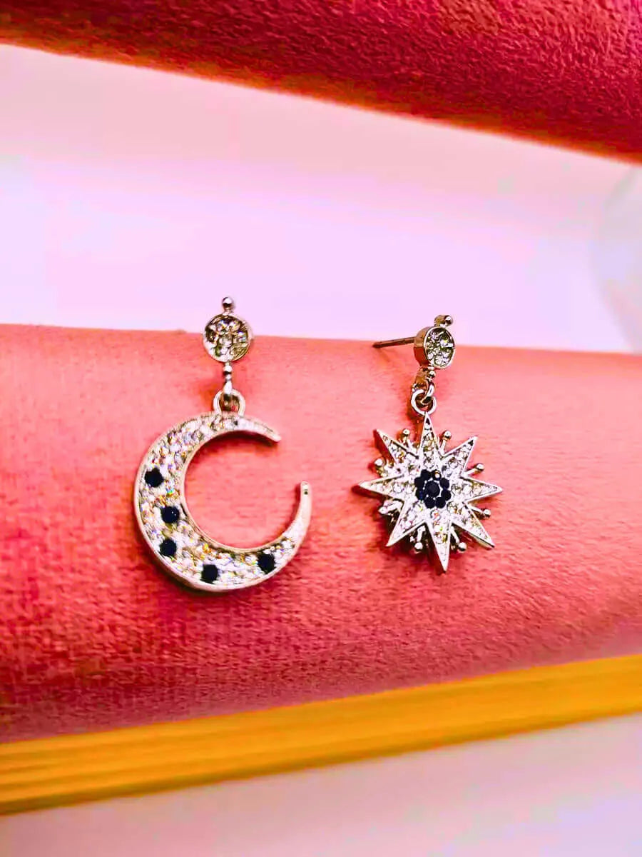 Pendientes S925 Ley Estrella y Luna Circonita Cubica Azul y Blanco Calenbi