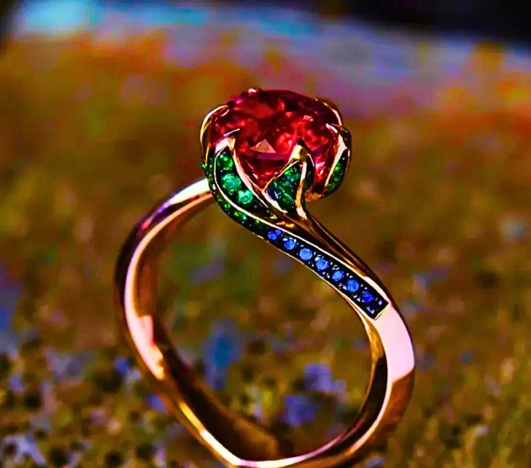 Anillo Cobre "Flor Eterna" Circonita Cubica Roja Chapa Oro Rosa 10k