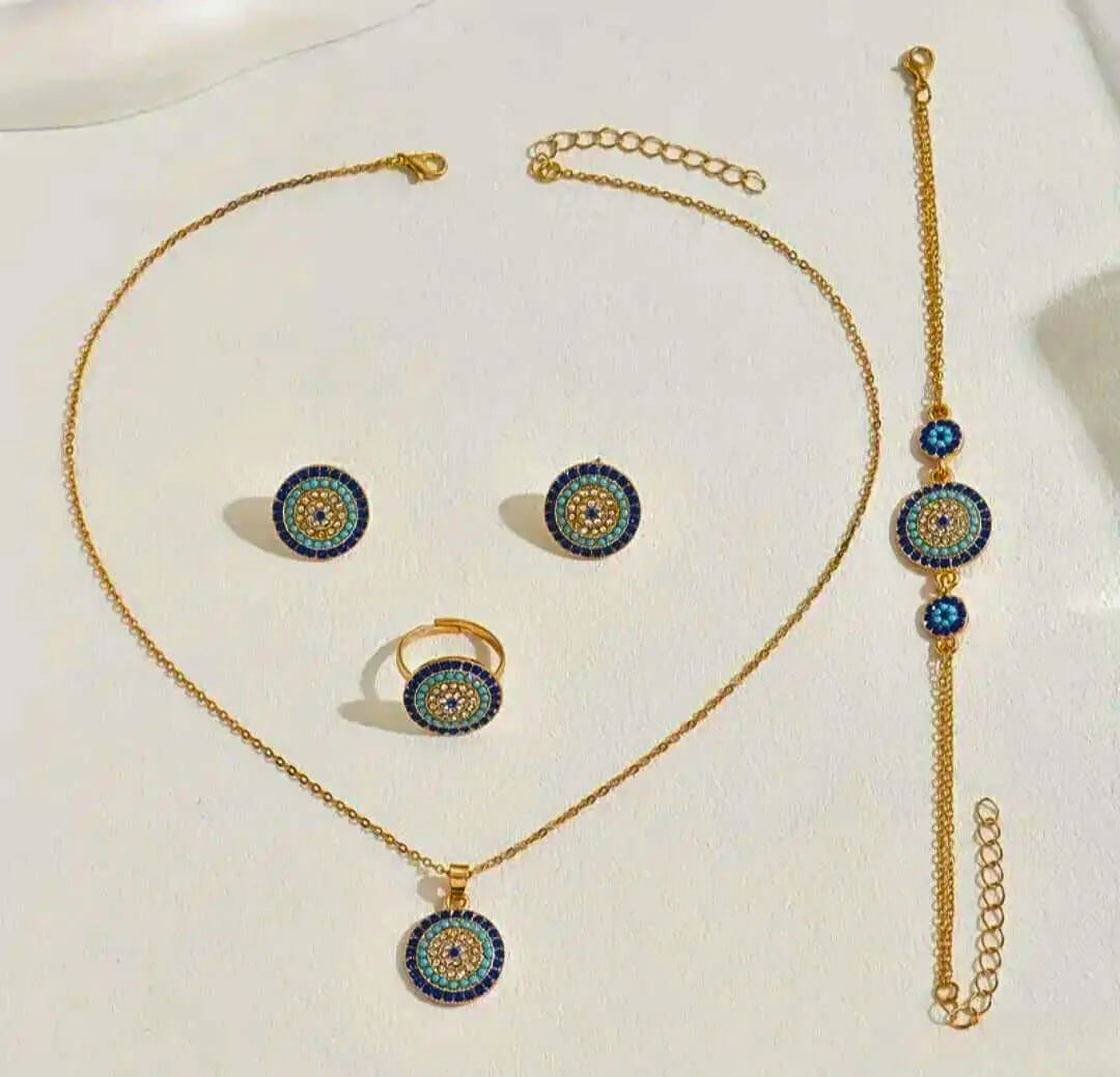 Juego Completo Acero Inoxidable Ojo Turco Circonita Blanco y Azul Calenbi