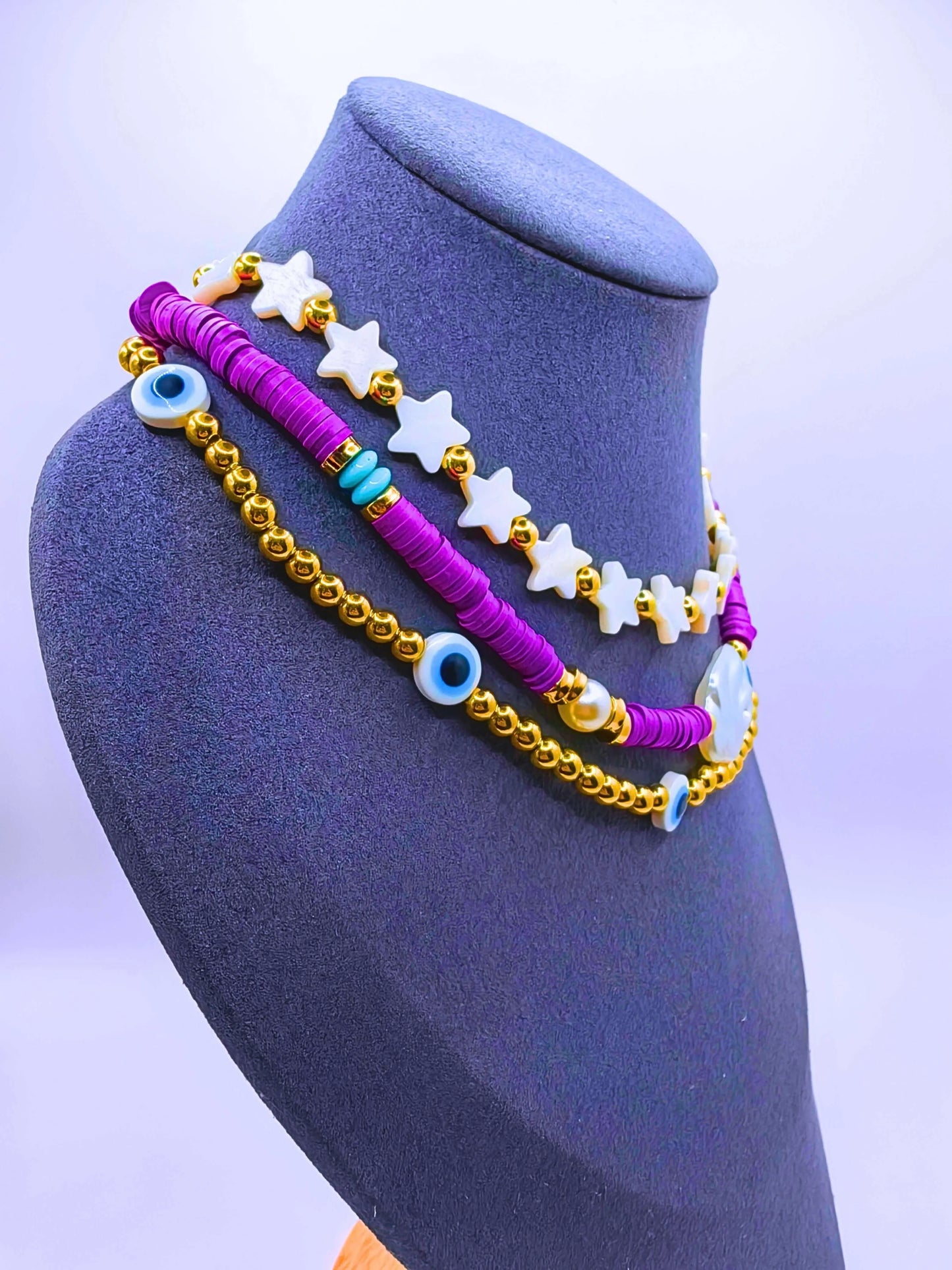 Collar Plástico Bohemio Triple Morado Ojo Turco Calenbi