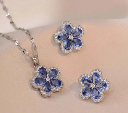 Collar y Aretes Acero Inoxidable Circonita Cubica Flor Azul Calenbi