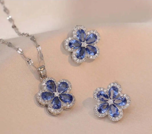 Collar y Aretes Acero Inoxidable Circonita Cubica Flor Azul Calenbi