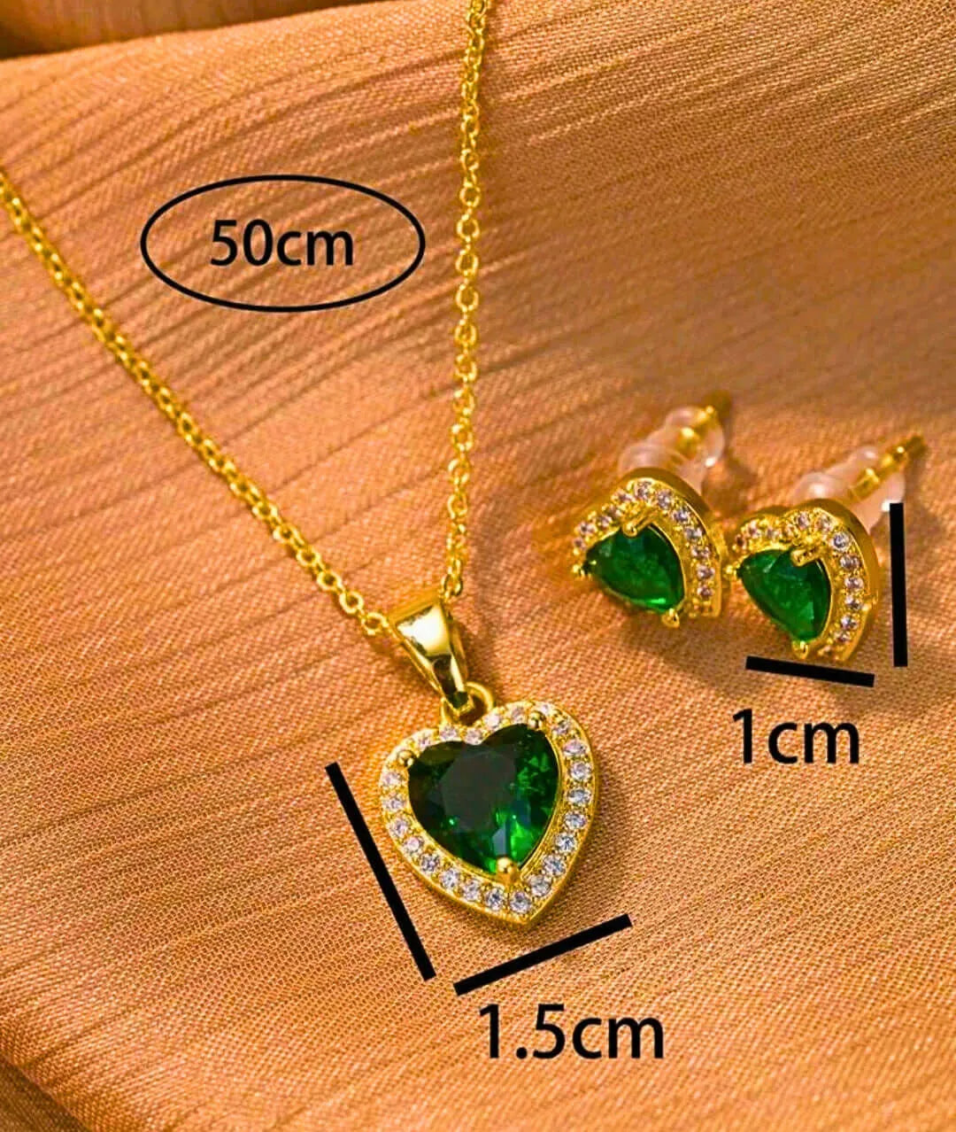 Collar y Aretes Acero Inoxidable Corazón Circonita Verde Chapa Oro 10k Calenbi