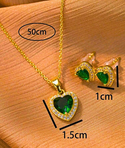 Collar y Aretes Acero Inoxidable Corazón Circonita Verde Chapa Oro 10k Calenbi