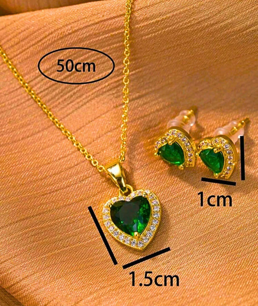 Collar y Aretes Acero Inoxidable Corazón Circonita Verde Chapa Oro 10k Calenbi