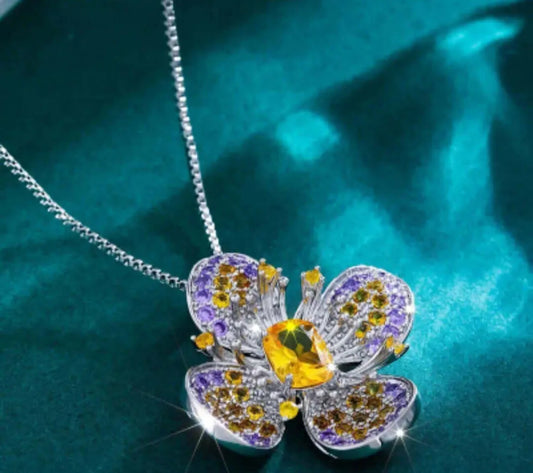 Collar Colgante Flor Valiente Circonita Cubica Morado y Amarillo Calenbi