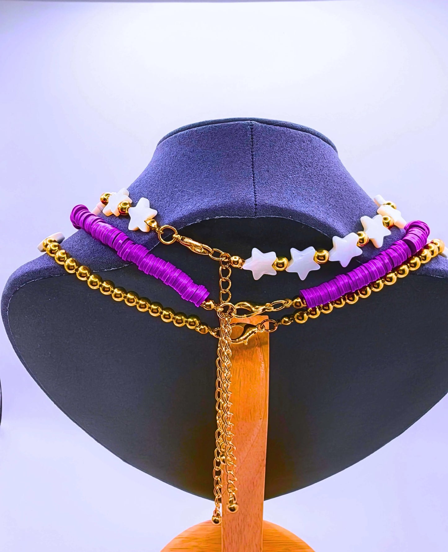 Collar Plástico Bohemio Triple Morado Ojo Turco Calenbi