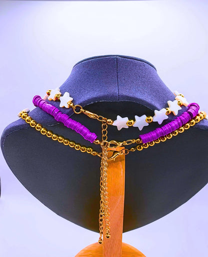 Collar Plástico Bohemio Triple Morado Ojo Turco Calenbi