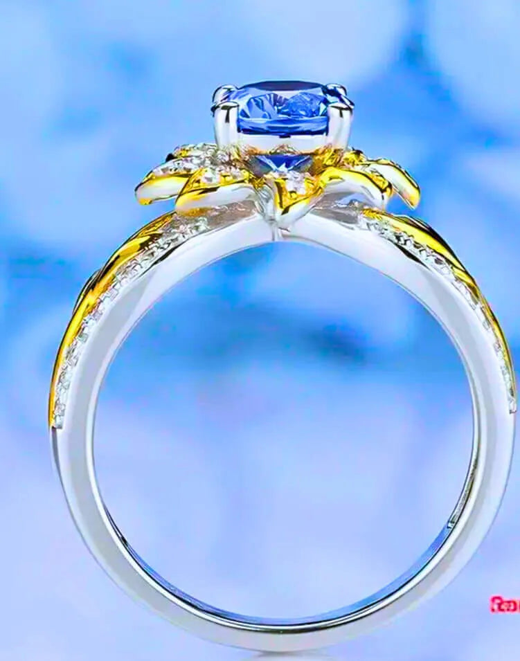 Anillo S925 Esterlina "Flor Amarilla" Circonita Azul Chapa Oro 12k Calenbi