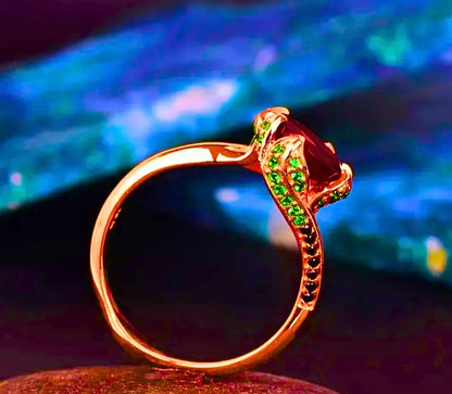 Anillo Cobre "Flor Eterna" Circonita Cubica Roja Chapa Oro Rosa 10k