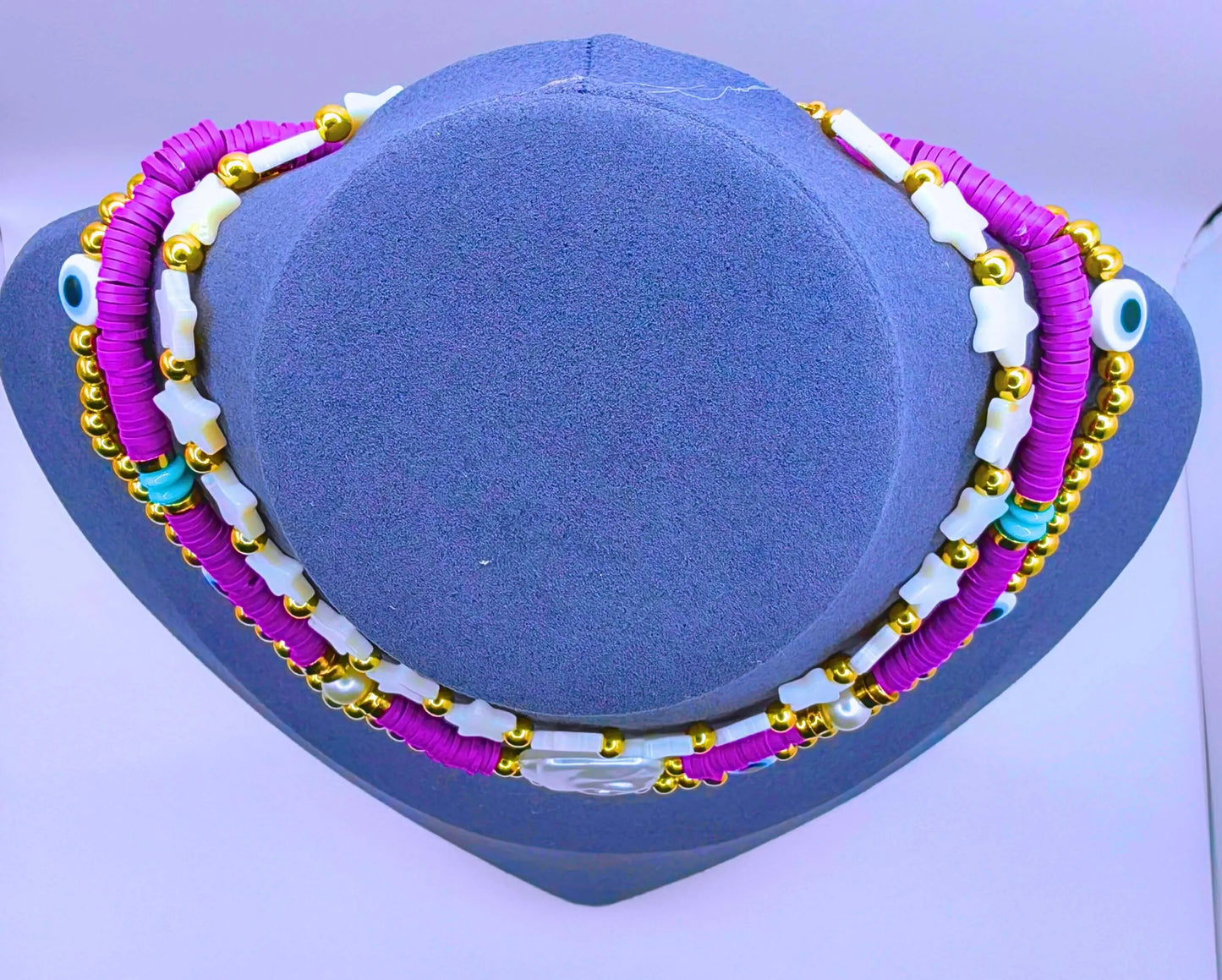 Collar Plástico Bohemio Triple Morado Ojo Turco Calenbi