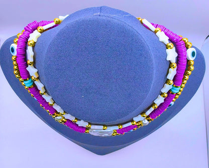Collar Plástico Bohemio Triple Morado Ojo Turco Calenbi