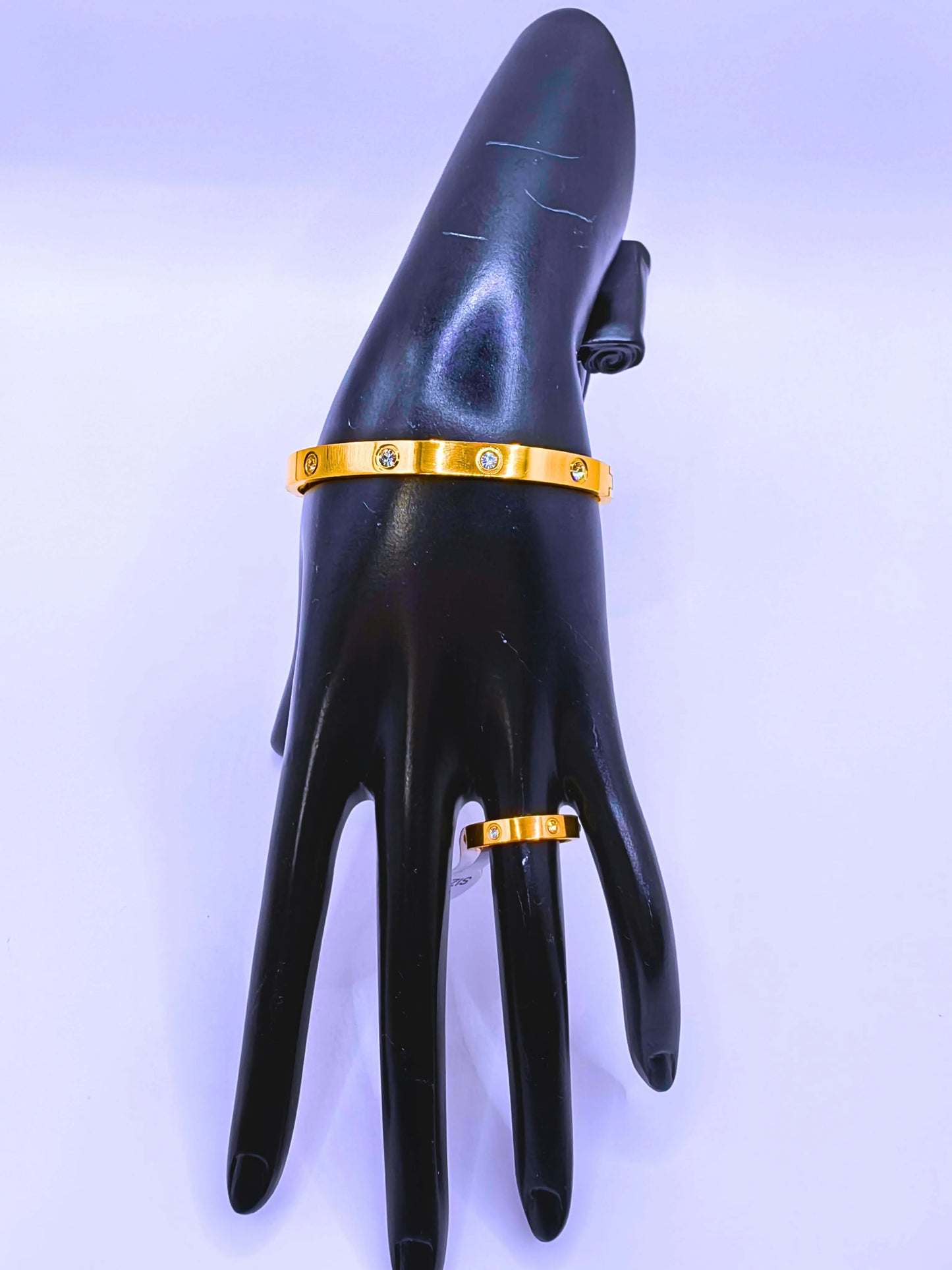 Pulsera y Anillo Acero Inoxidable Broche Chapa Oro 10k Circonita Cubica Blanca Calenbi