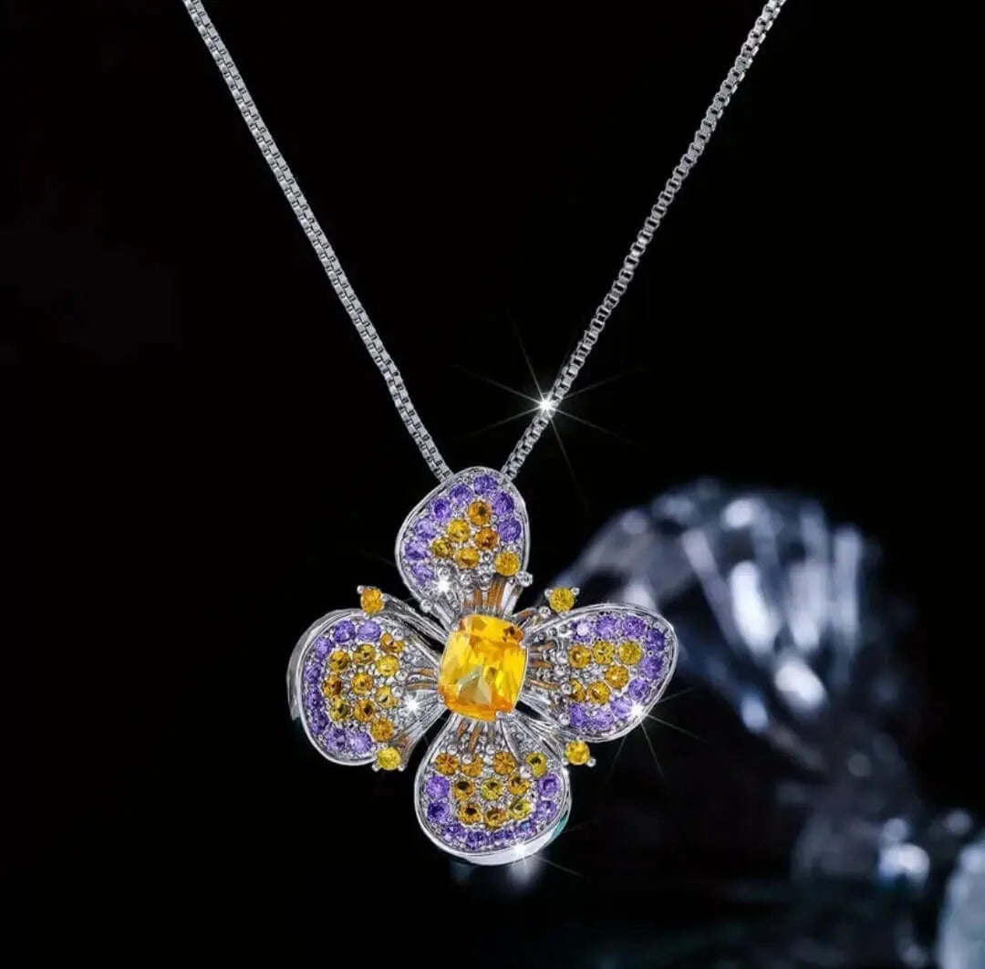 Collar Colgante Flor Valiente Circonita Cubica Morado y Amarillo Calenbi