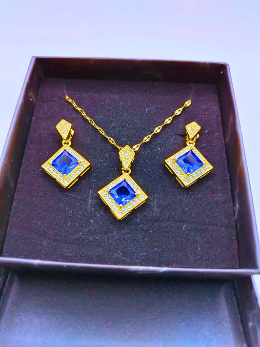 Collar y Aretes Acero Titanio Rombo Circonita Cubica Azul Chapa Oro 14k Calenbi