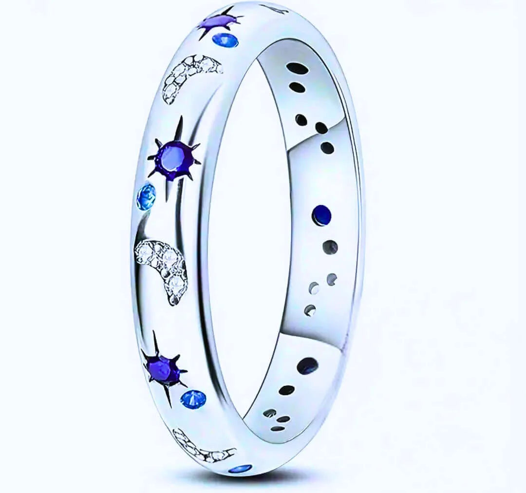 Anillo S925 Ley "Sol, Luna y Estrellas" Circonita Calenbi