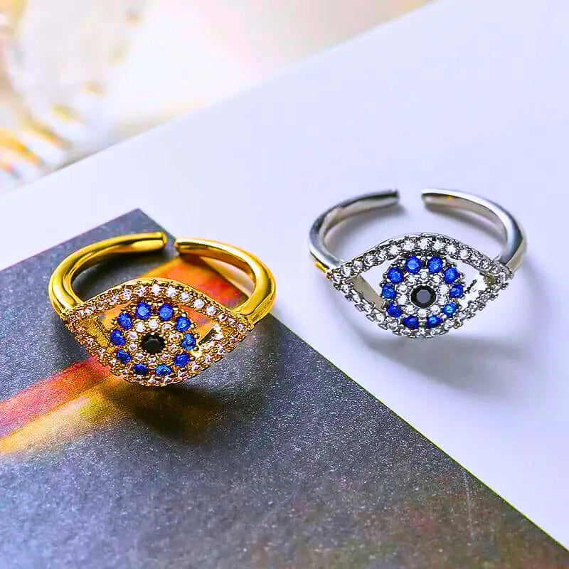 Anillo Acero Inoxidable Circonita Blanco y Azul Chapa Oro 14K Ajustable Calenbi