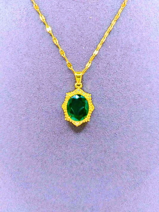 Collar y Aretes Acero Titanio "Corona De Rey" Circonita Faceteada Verde Chapa Oro 14k Calenbi