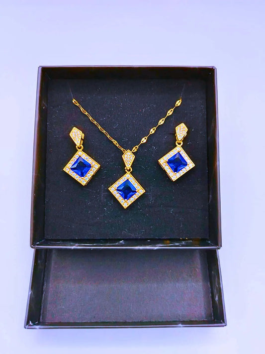 Collar y Aretes Acero Titanio Rombo Circonita Cubica Azul Chapa Oro 14k Calenbi