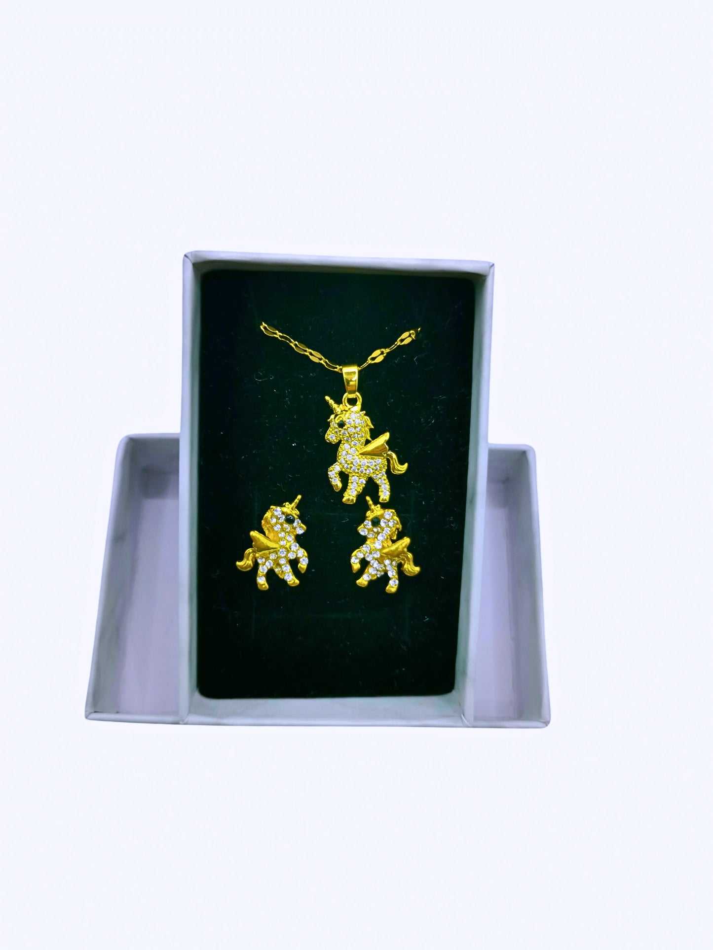 Collar y Aretes Acero Inoxidable Unicornio Circonita Cubica Blanca Calenbi