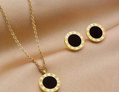 Collar y Aretes Acero Inoxidable Números Romanos Chapa Oro 10k Calenbi