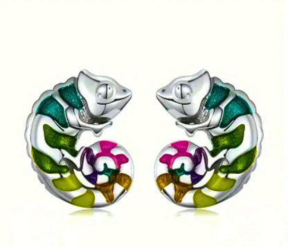 Aretes Plata Esterlina 925 Camaleón Recina Epoxica Inserción