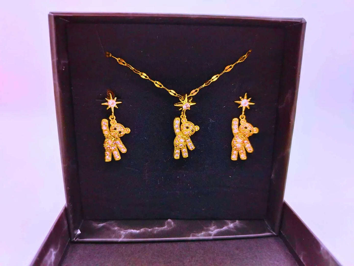 Collar y Aretes Acero Inoxidable Oso Circonita Cubica Blanca Calenbi