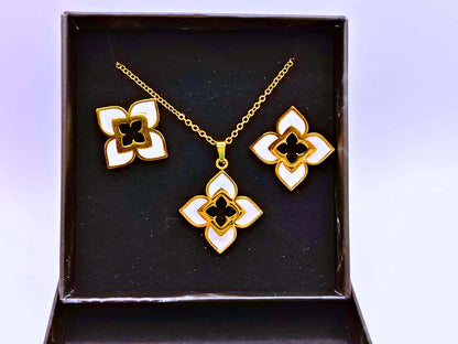 NEB0003,04 - Collar y Aretes Acero Titanio Flor Loto Epoxica Chapa Oro 10k Calenbi