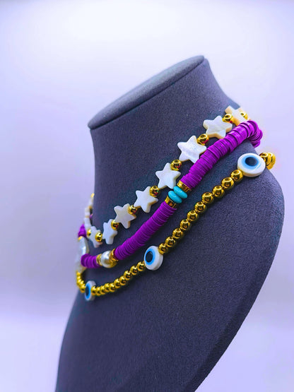 Collar Plástico Bohemio Triple Morado Ojo Turco Calenbi