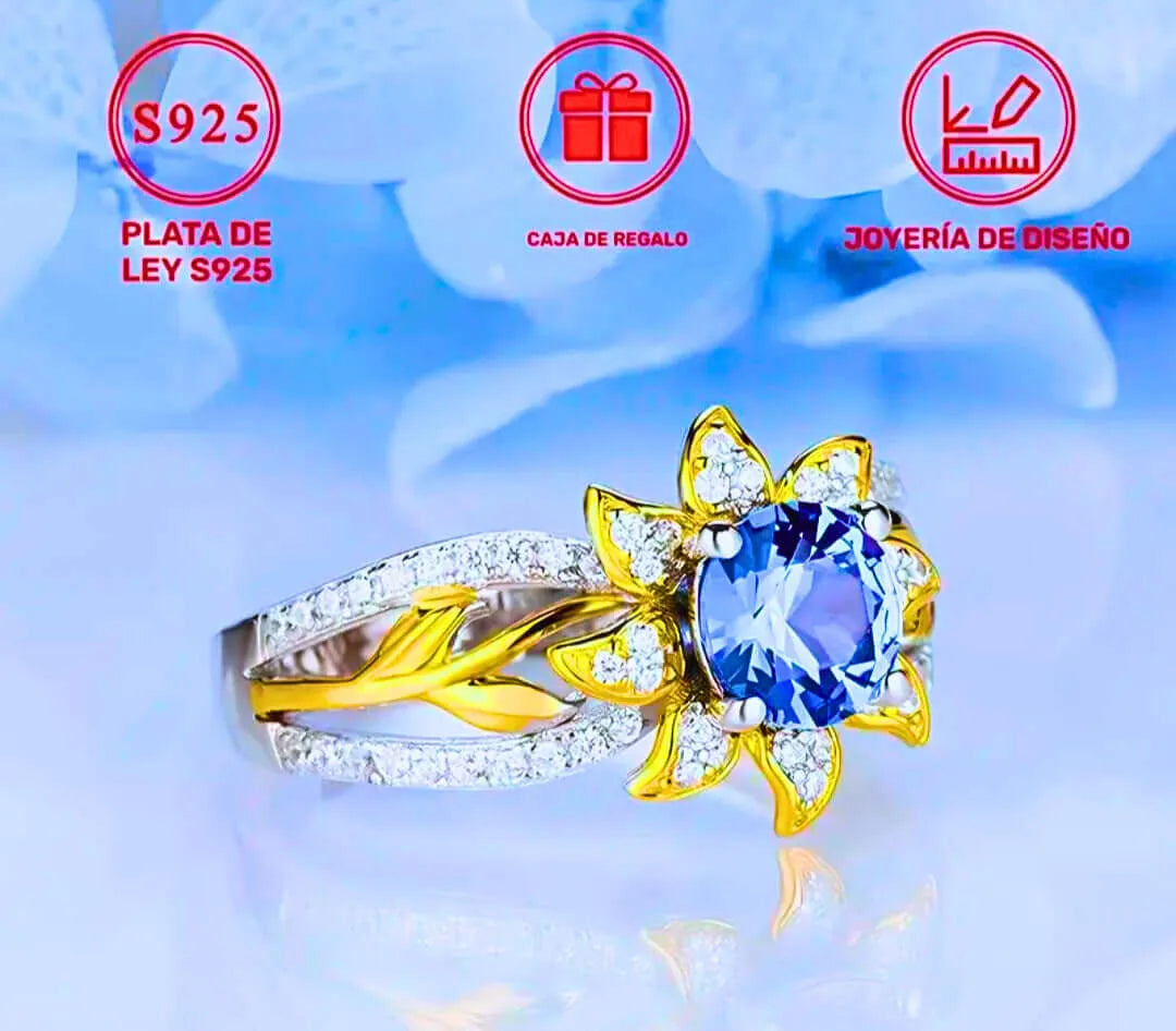 Anillo S925 Esterlina "Flor Amarilla" Circonita Azul Chapa Oro 12k Calenbi