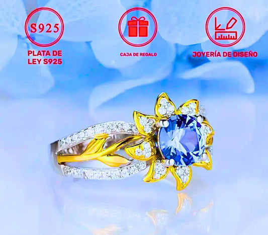 Anillo S925 Esterlina "Flor Amarilla" Circonita Azul Chapa Oro 12k Calenbi