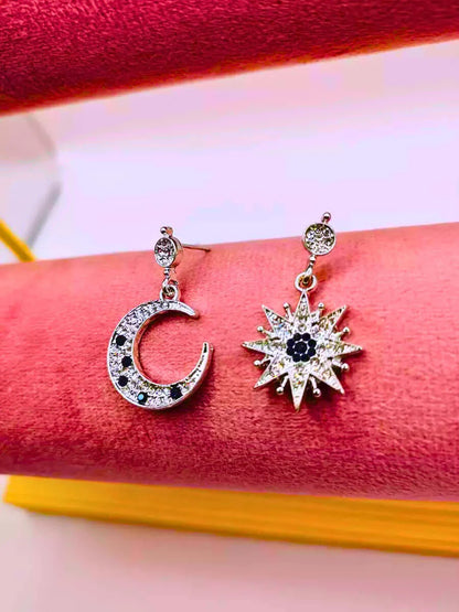 Pendientes S925 Ley Estrella y Luna Circonita Cubica Azul y Blanco Calenbi