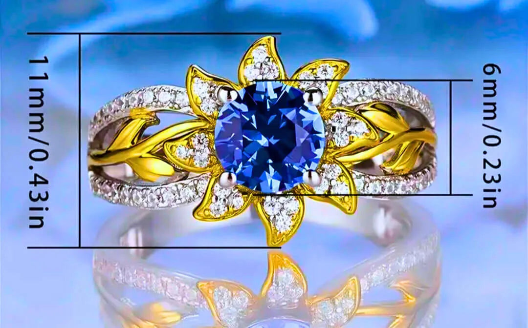 Anillo S925 Esterlina "Flor Amarilla" Circonita Azul Chapa Oro 12k Calenbi