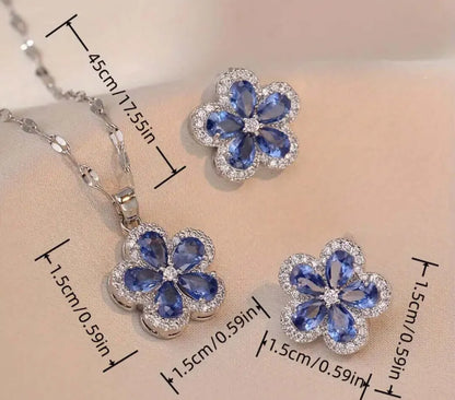 Collar y Aretes Acero Inoxidable Circonita Cubica Flor Azul Calenbi